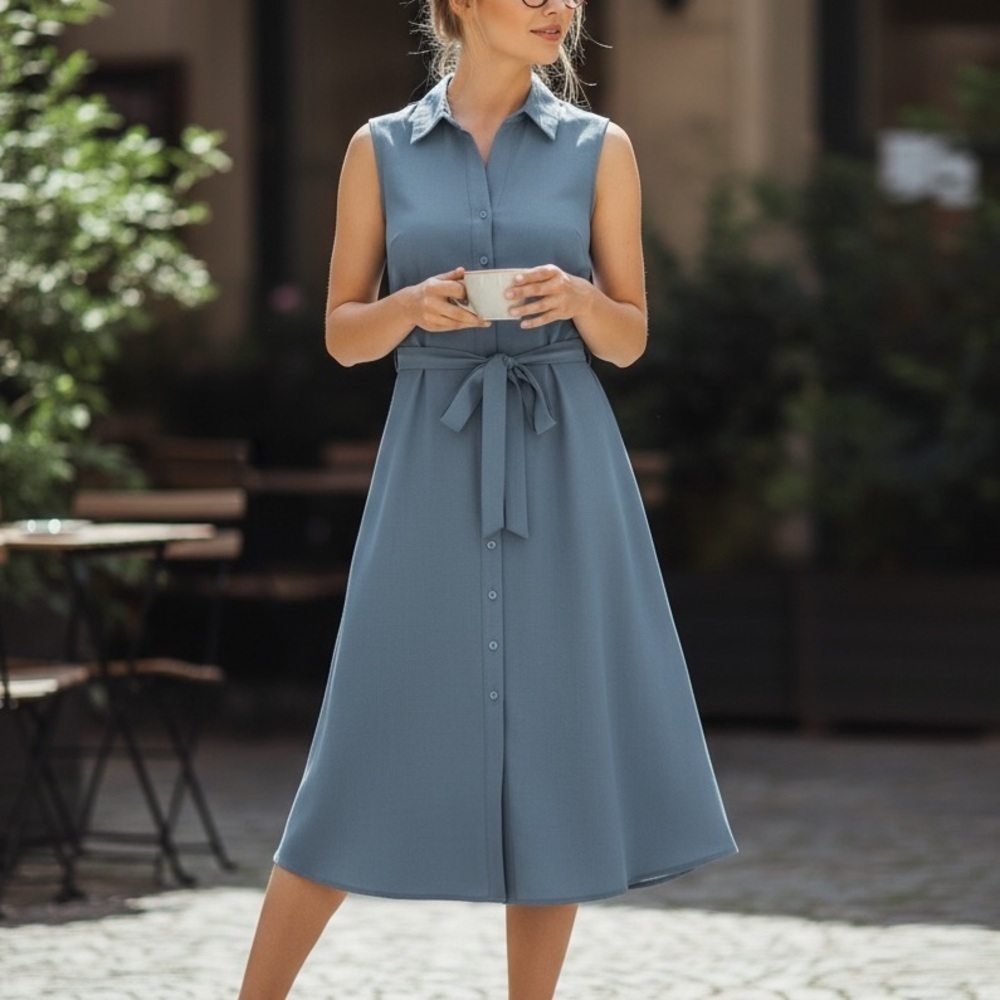 Sharagano Collared Button Down Front Tie Pockets Solid Crepe Dress
